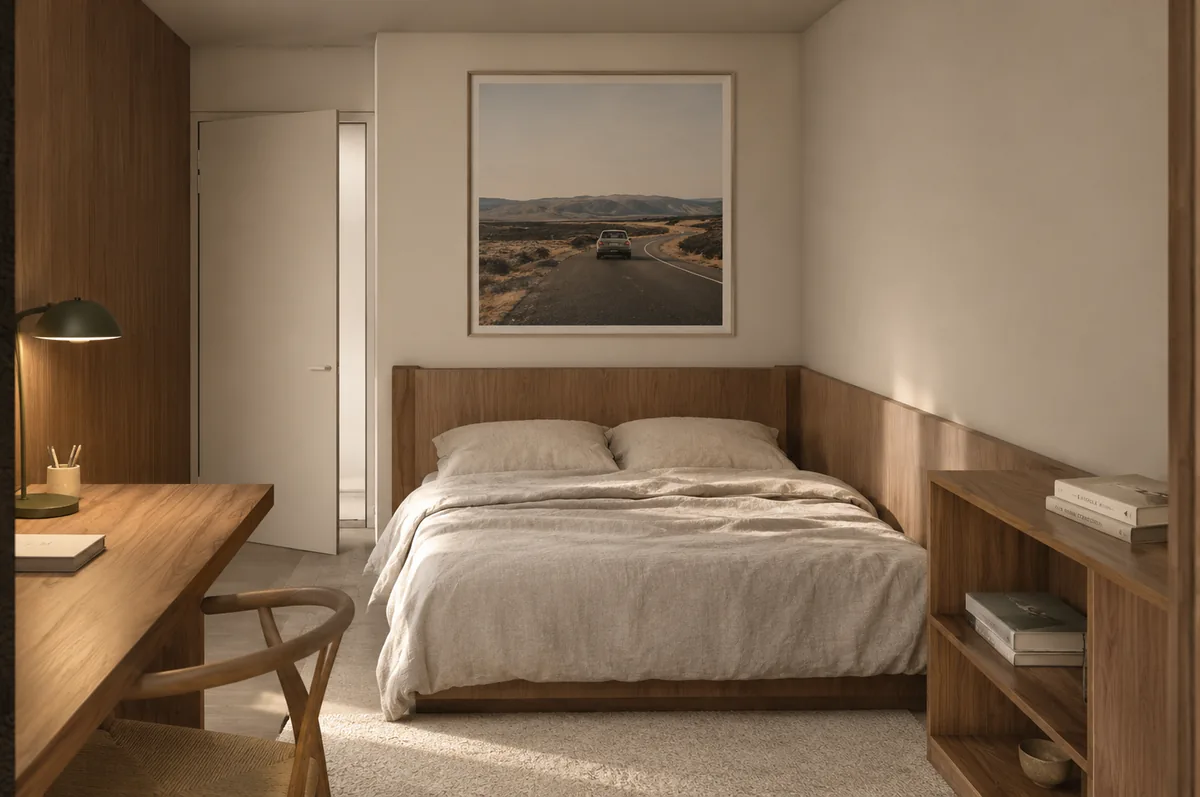 Visualisatie van een compacte slaapkamer met ingebouwde bureau- en opbergruimte